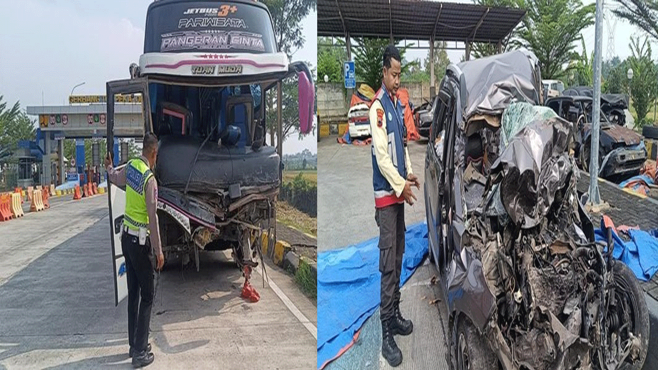 Nekat Lawan Arah di Tol Pekalongan, BRV Tabrak Bus Bonek Hingga Ringsek